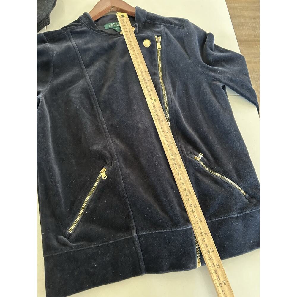 Lauren Ralph Lauren Velour Moto Jacket Womens M Navy Zip Biker Velvet - Picture 9 of 14